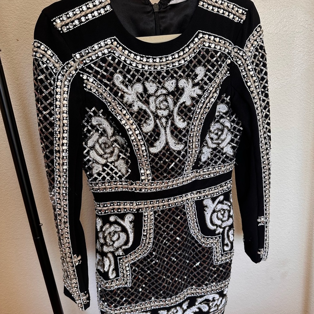 Bebe Elegant Black and Silver Embellished Dress